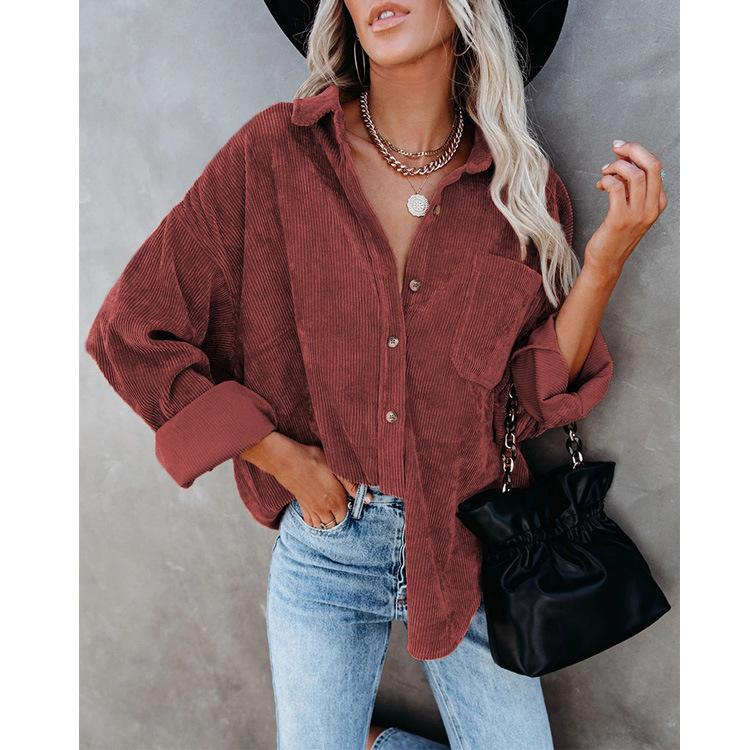 Damer Casual Manchestervårdblus Randig Damer Skjortjacka Vintage Knapp Ficka Lös Mode Blusar Toppar Plus Size