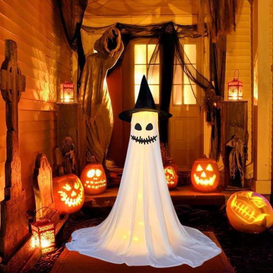 Yousheng Halloween Ghost Decoration Outdoor Standing Ghost with Witch Hat Light Up Spooky White Cloth Ghost for Porch Yard Garden Lawn Decor