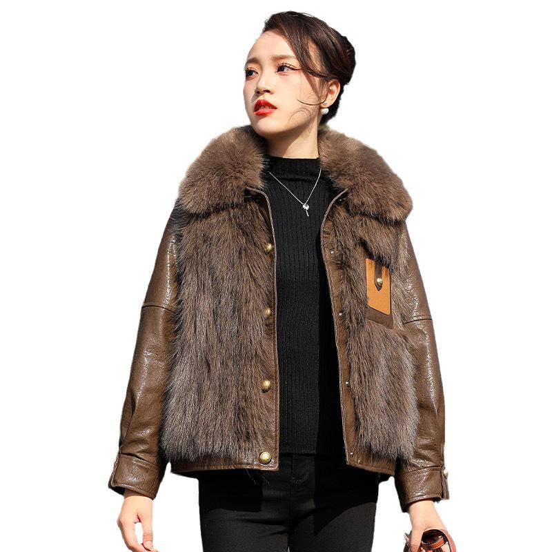 Women's Fashionable Faux Fur & Leather Jacket with Cotton Lining