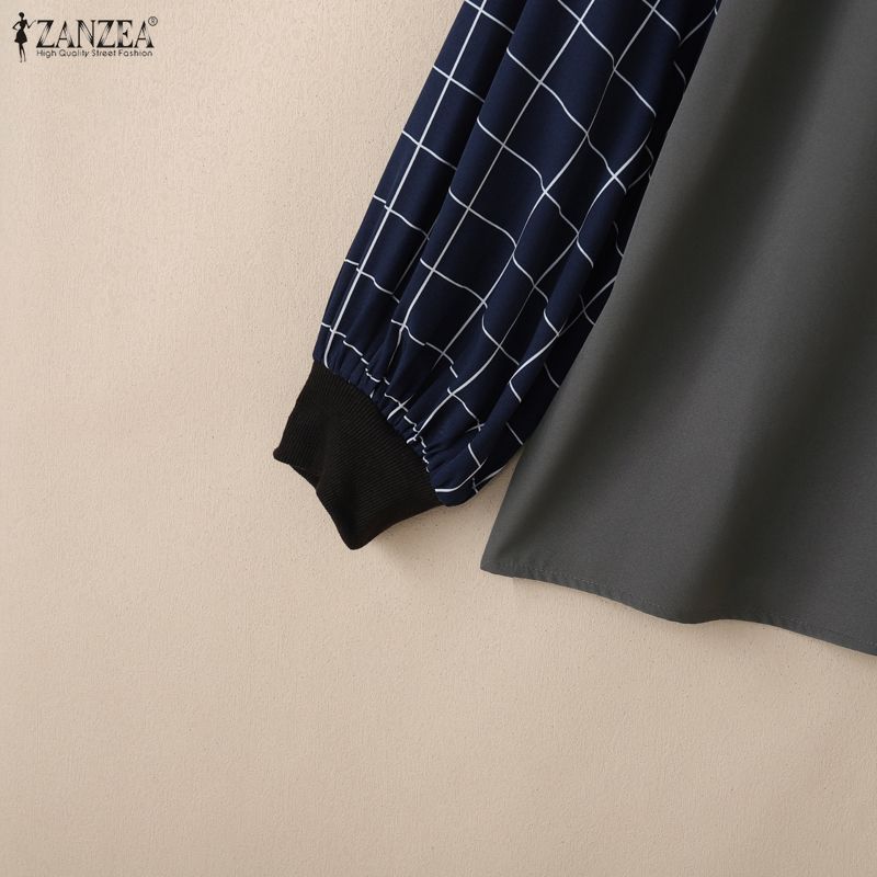 ZANZEA Bluză largă casual de damă cu gât rotund, mâneci bufante și imprimeu grilă îmbinat