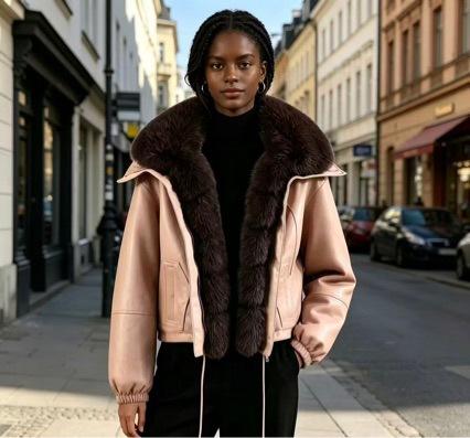 American retro lapel big fur collar cotton clothes autumn and winter loose short suede loose and thin pie overcome