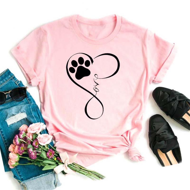Women Dogs Paws Love Heart Printed T-shirts Fashion Summer Short Sleeve Lady Womens Clothes Tops T-Shirt Black Shirt Tees Female