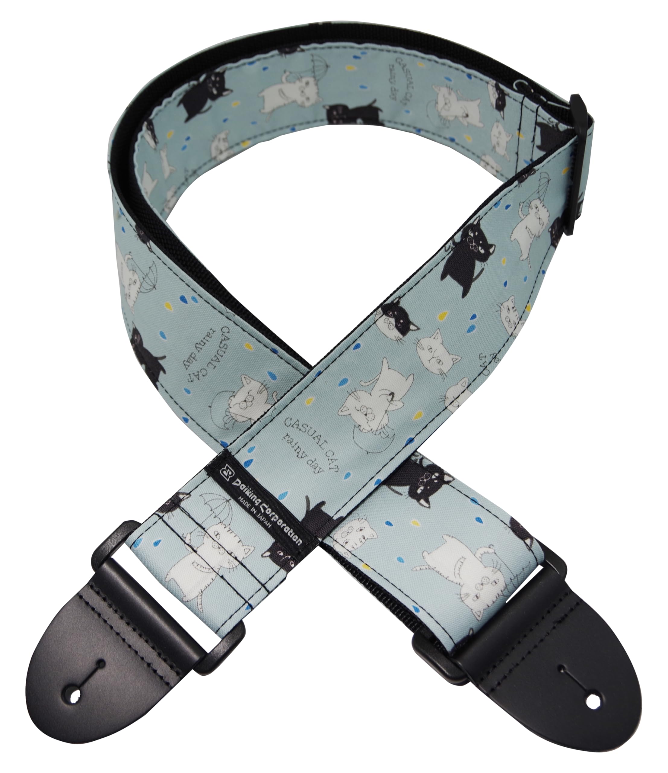 

Guitar strap with parasol cat made in manufactured in Daiking own pattern, Japan, Corporation s workshop. синий