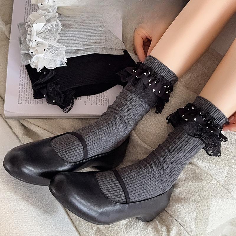 Spring and Autumn Socks, Women's Mid-calf Lace Polka Dot Black and White Pile Socks, Autumn and Winter Mid-calf Socks