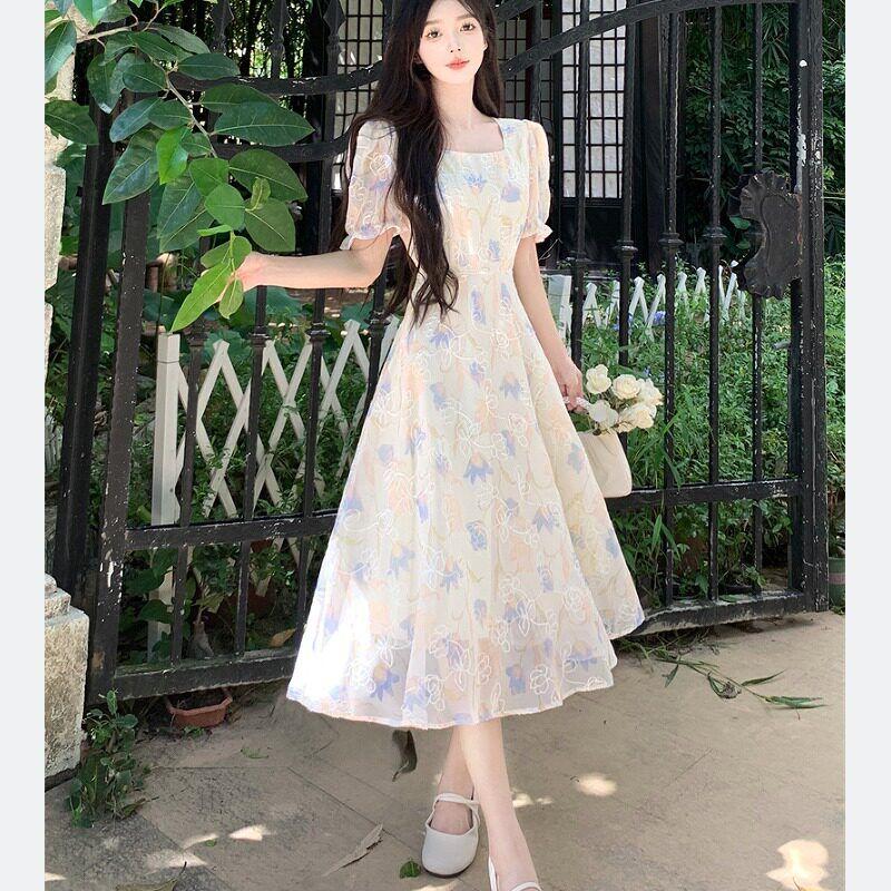 Plus size French style Fresh Dress Women Summer Gentle Embroidery Long dress Chubby Girl Belly Covering Slimming A- line Skirt.