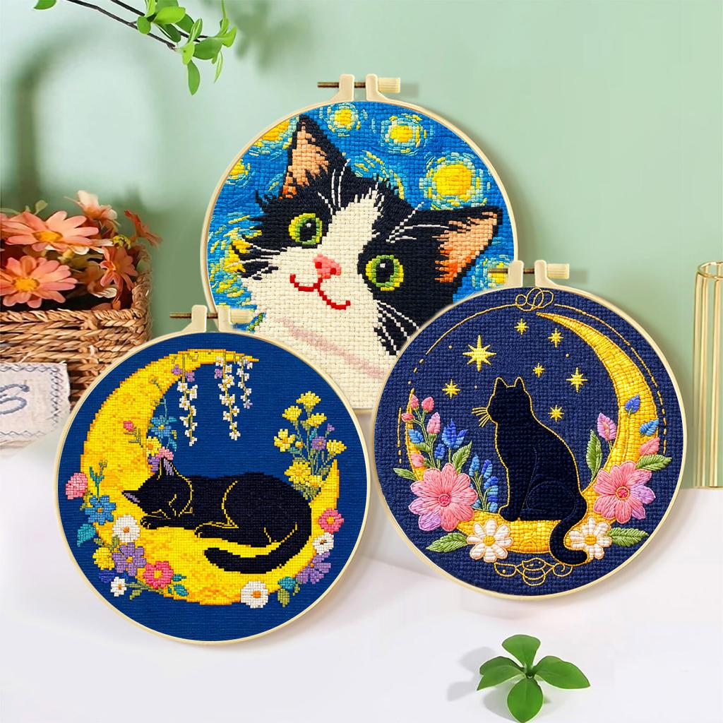 Kleines Nachtkatzen Kreuzstich-Set für Anfänger, Einfaches DIY Stickset mit Mustern
