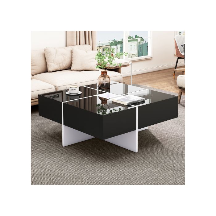 Table Basse Élégante Et Brillante 70*70*35 Cm, Design Noir Et Blanc, Compartiment De Rangement Intégré Et 4 Tiroirs Robustes