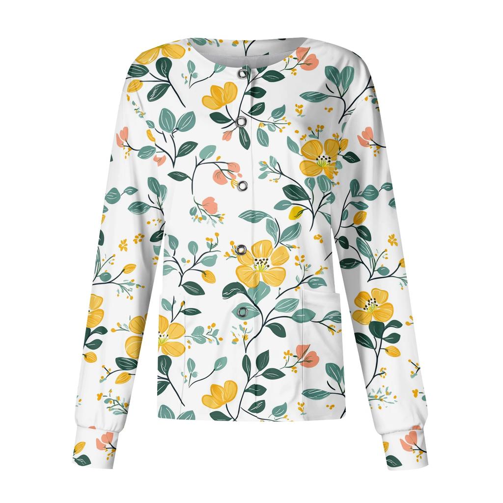 Women's Long Sleeve Button Front Floral Print Medical Scrub Top Lightweight Comfortable Fit Nursing Uniform Shirt