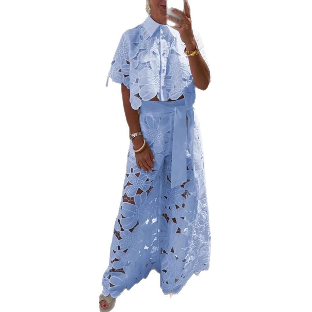 Women's Sets Casual Solid Color Hollow Lace Shirt Trousers Casual 2-piece Package