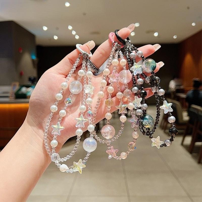 Crystal Starfish Double-layer Mobile Phone Chain Crystal Pearl Beaded Short Mobile Phone Lanyard Women's Bag Pendant