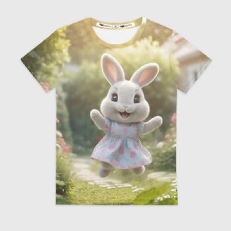 Children's Cartoon Rabbit Print Cute T-shirt Girls Short Sleeved Fashionable Soft Comfortable Top
