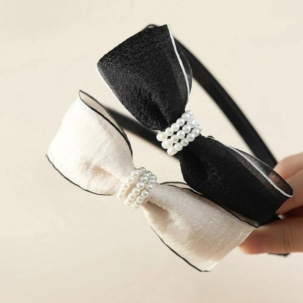 Women s 2-Color Wedding Guest Look Lovely Chiffon Ribbon Pearl Embellished Headband ivory