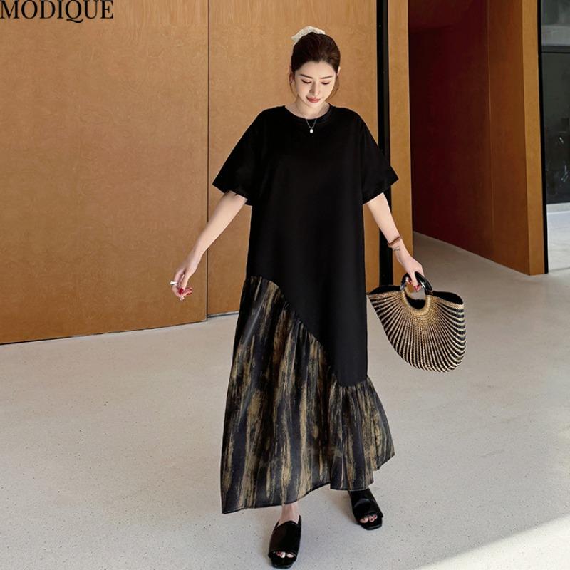 MODIQUE Summer Plus Size New Women Loose Basic T-Shirt Pleated Silk Patchwork Long Dresses Female Casual Short Sleeve O-Neck Dresses