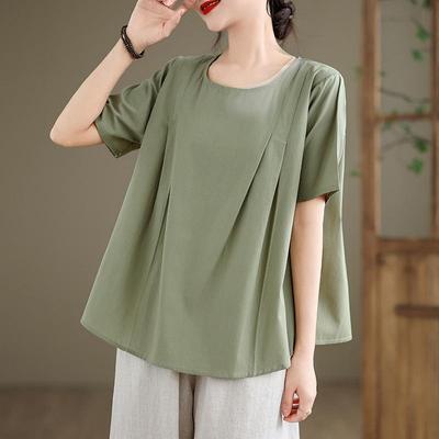 Retro Cotton Linen Short Sleeve Round Neck Top - Summer Solid Color Linen T-shirt