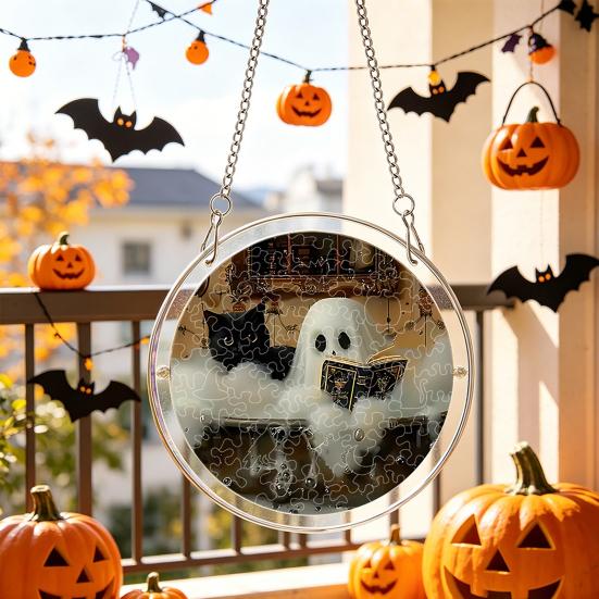 Durable Acrylic Halloween Suncatcher Jigsaw Puzzle Set, Spooky Ghost Floral Meadow Window Hanging Ornament with Metal Porch Decoration Frame & Chain,