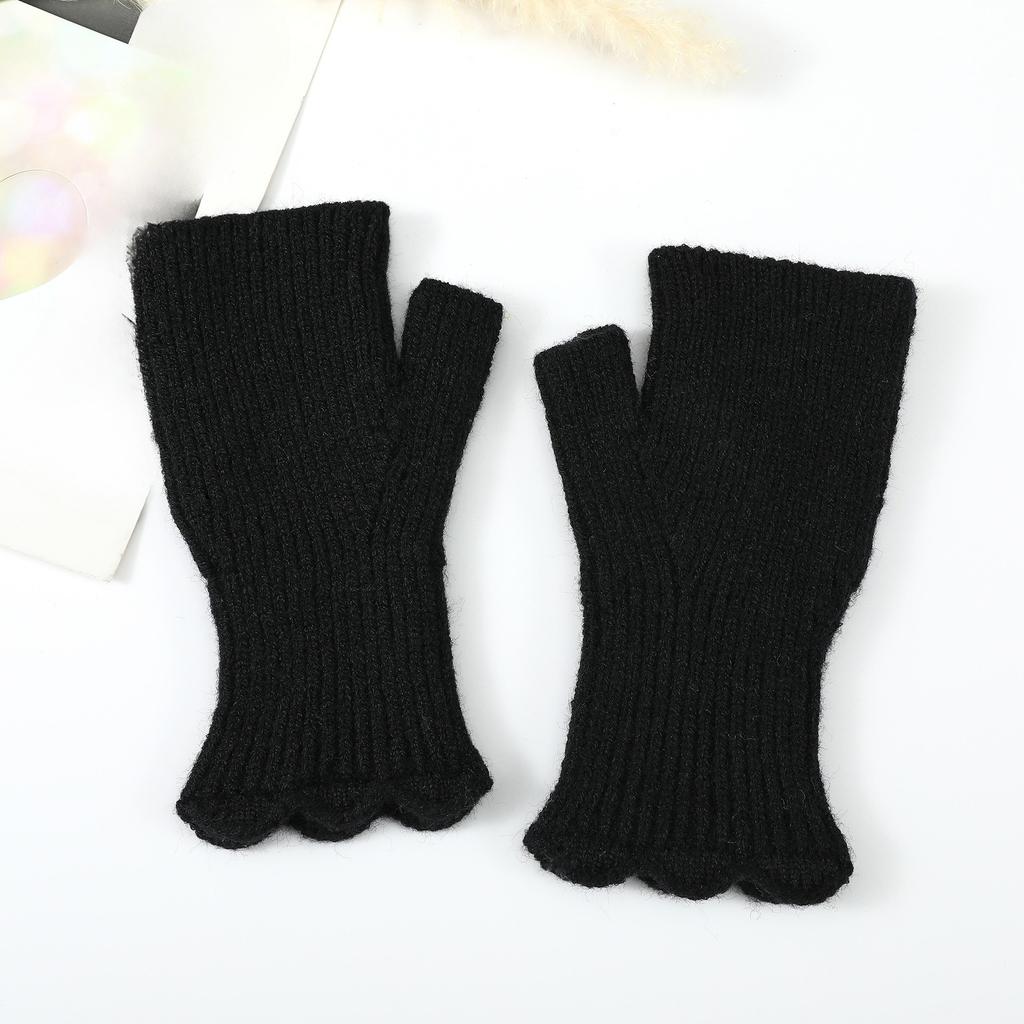 Short Knitted Gloves with Black Fungus Edges Half Length Fingerless Sleeves for Female Students To Keep Warm While Writing In Autumn and Winter