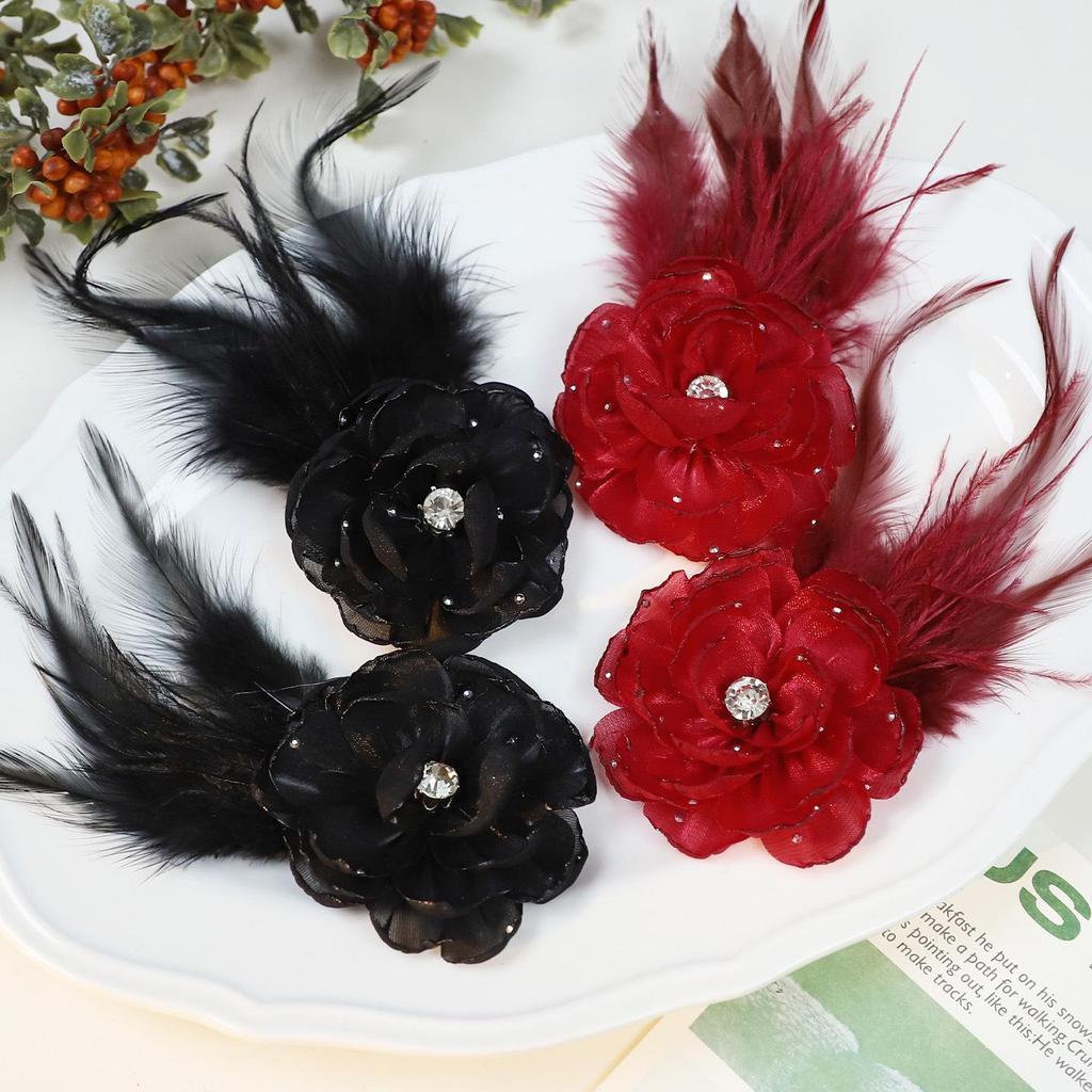 Vintage French Organza Flower Brooch with Ostrich Feathers and Rhinestones - High-Grade Garment and Shoe Ornament.
