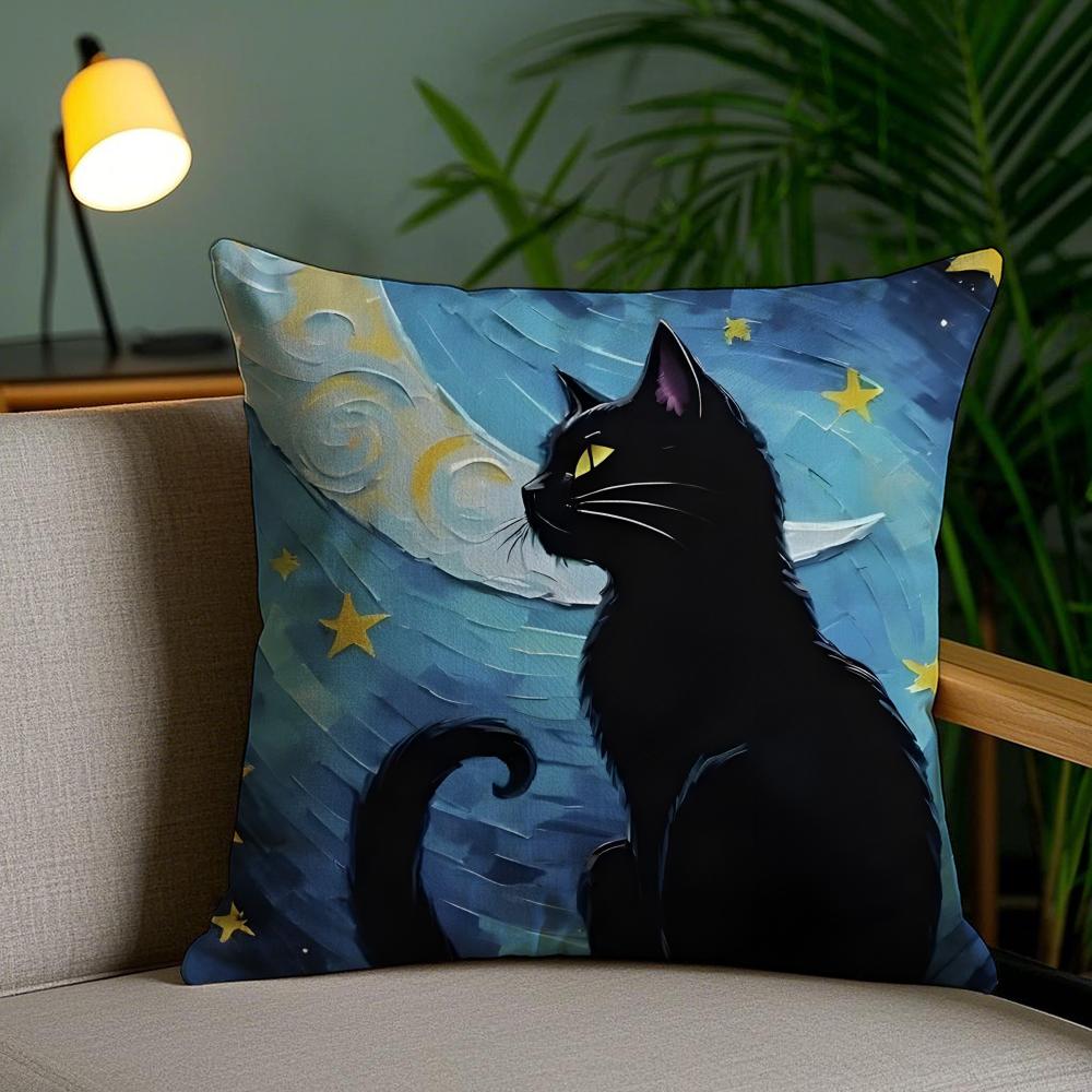 Black Cat Cushion Cover Soft Short Plush Double-Sided Printing Home Decor Machine Washable Pillow Case Gift