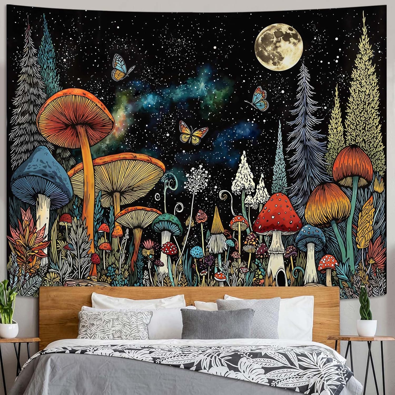 Mushroom Forest Tapestry Fantasy Starry Night Moon Pine Tree Wall Tapestry for Bedroom Aesthetic Butterfly Small Tapestries 100X70CM