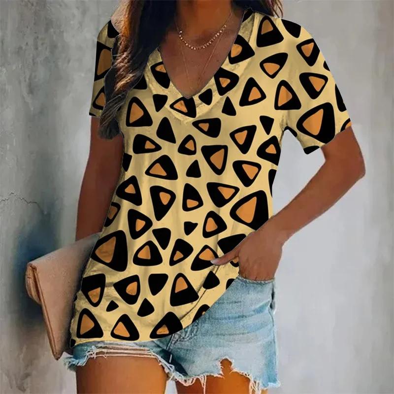 New Summer Women Vintage T-shirt Leopard Print V-Neck Tops Tees Female Fashion Short Sleeve Clothing Ladies Daily Casual Outfit