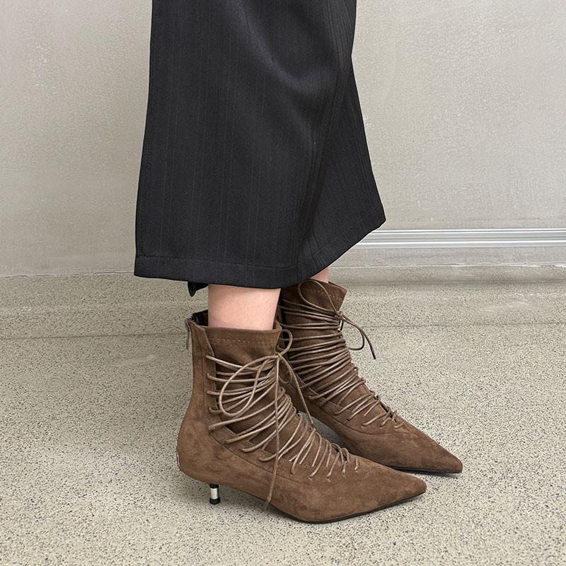 Fashion Fashion Pointed Toe Party Ladies Ankle Modern Boots Shoes With Low Heel Footwear Lace Up Women Short Boots Female Pumps