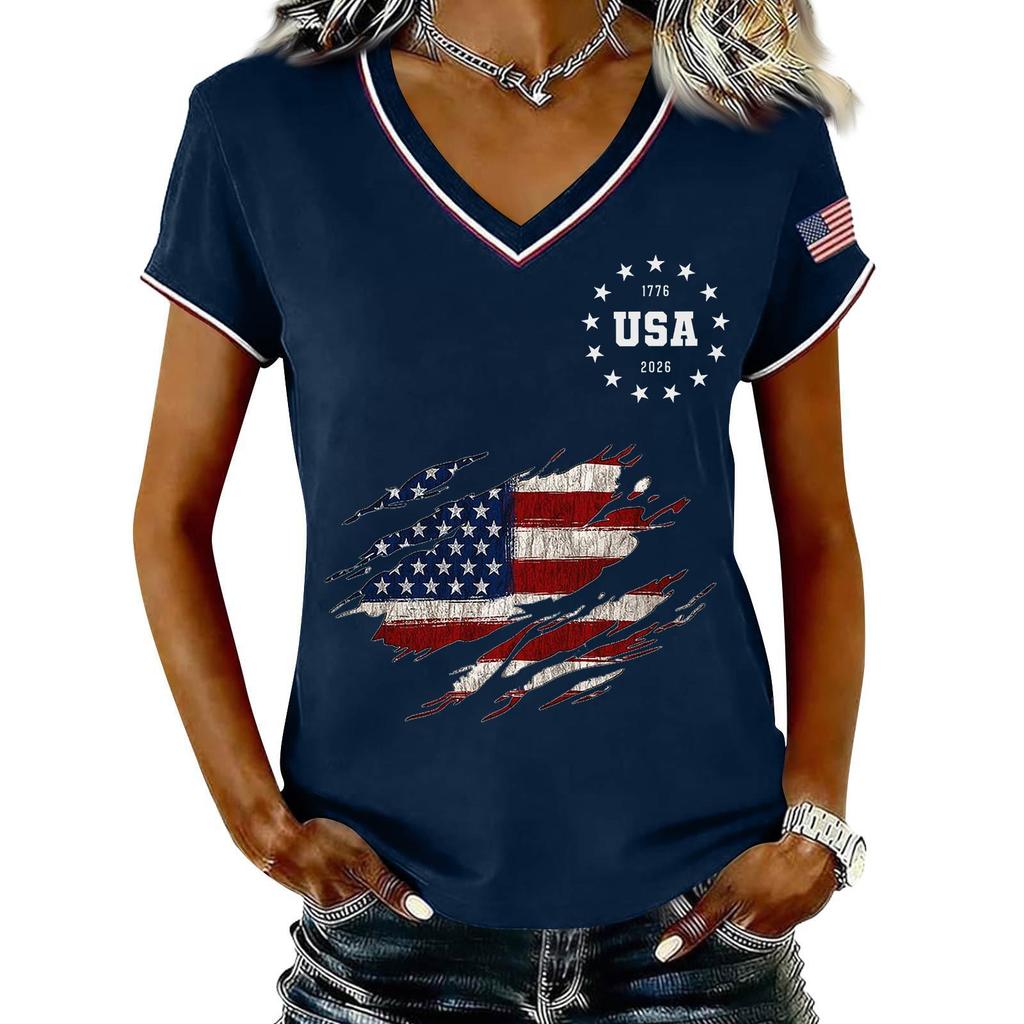 Womens V Neck Short Sleeve Pullover T Shirt with USA Independence Day Print Casual Loose Fit Top for Summer Daily Wear