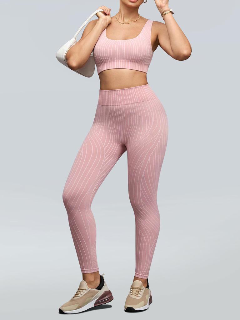Seamless Twist Back Stripe Bra & High-Waist Stretch Yoga Pants Set