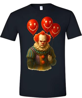 Einzigartiges schwarzes Kurzarm-T-Shirt mit Pennywise dem Clown und Ballons