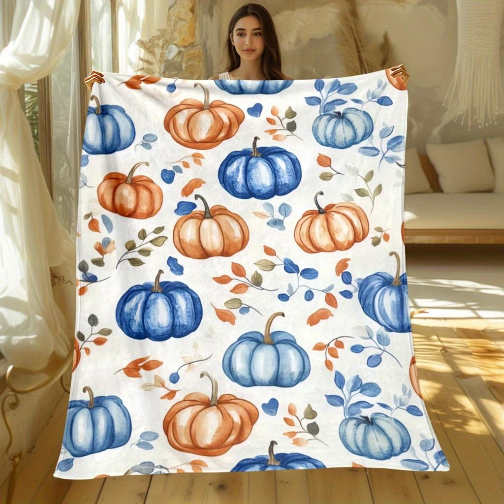 Autumn Pumpkin Pattern Flannel Blanket Warm Fall Themed Bed Cover Soft Comforter Home Decor Seasonal Gift for Kids