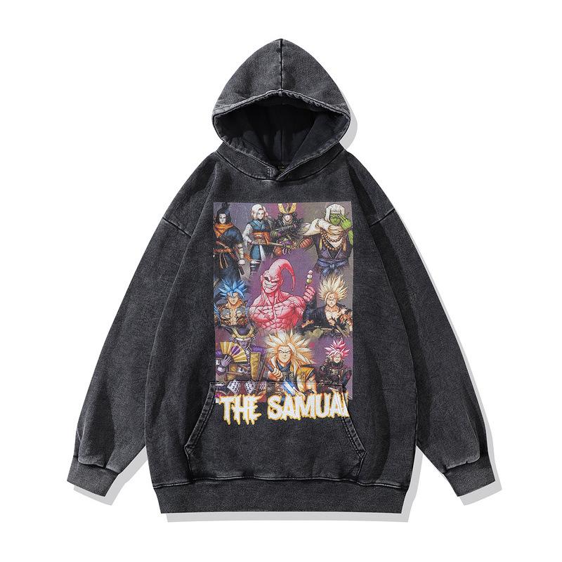 Japanese Cartoon Animation Direct Injection Printing Hooded Sweater Men'S Retro Washed Old Cotton Hoodie Men