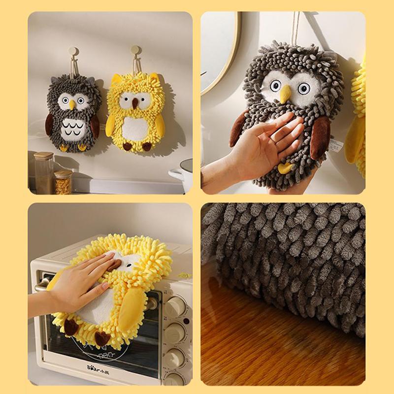 Cartoon Owl Chenille Hand Towel With Fuzzy Balls, Absorbent Fast-Drying Soft Hanging Towels For Bathroom And Kitchen