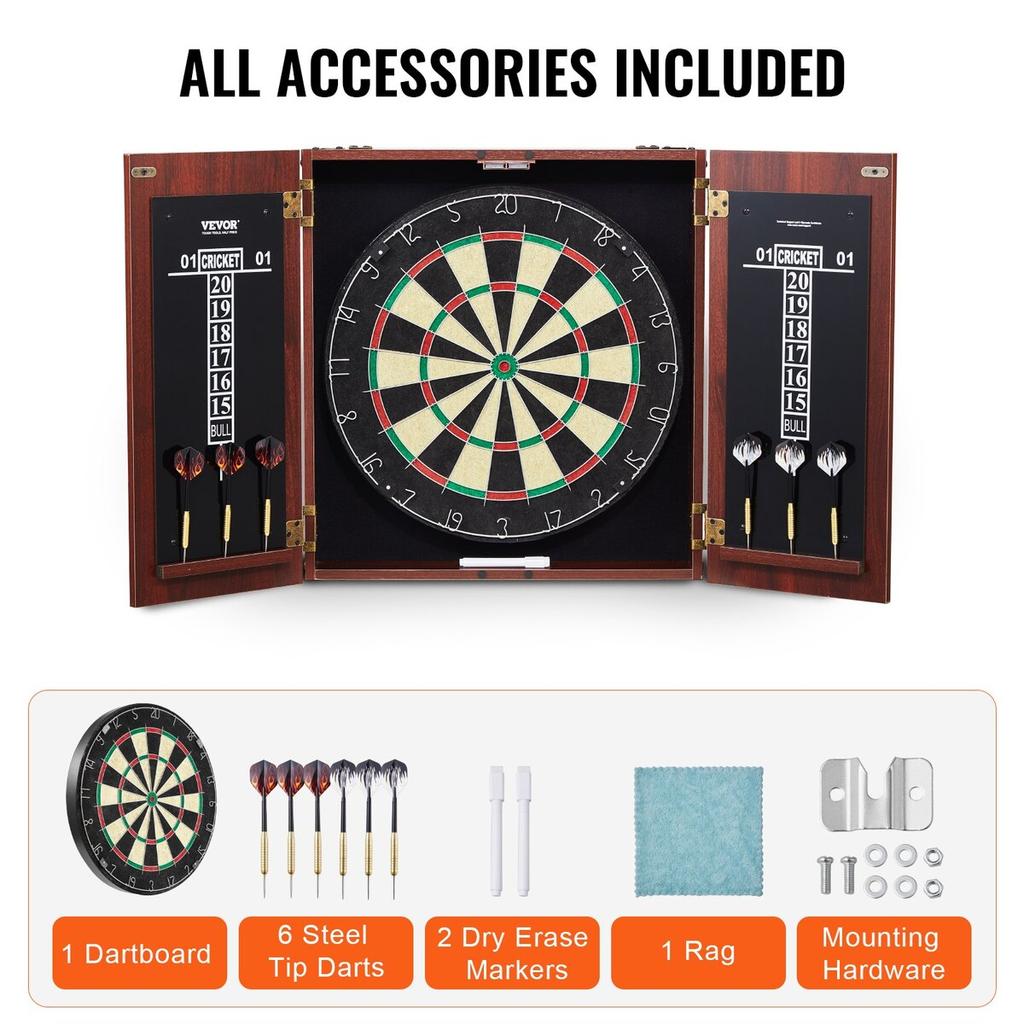 Dartboard and Cabinet Set Official Size Complete Accessory Steel Tip Dart