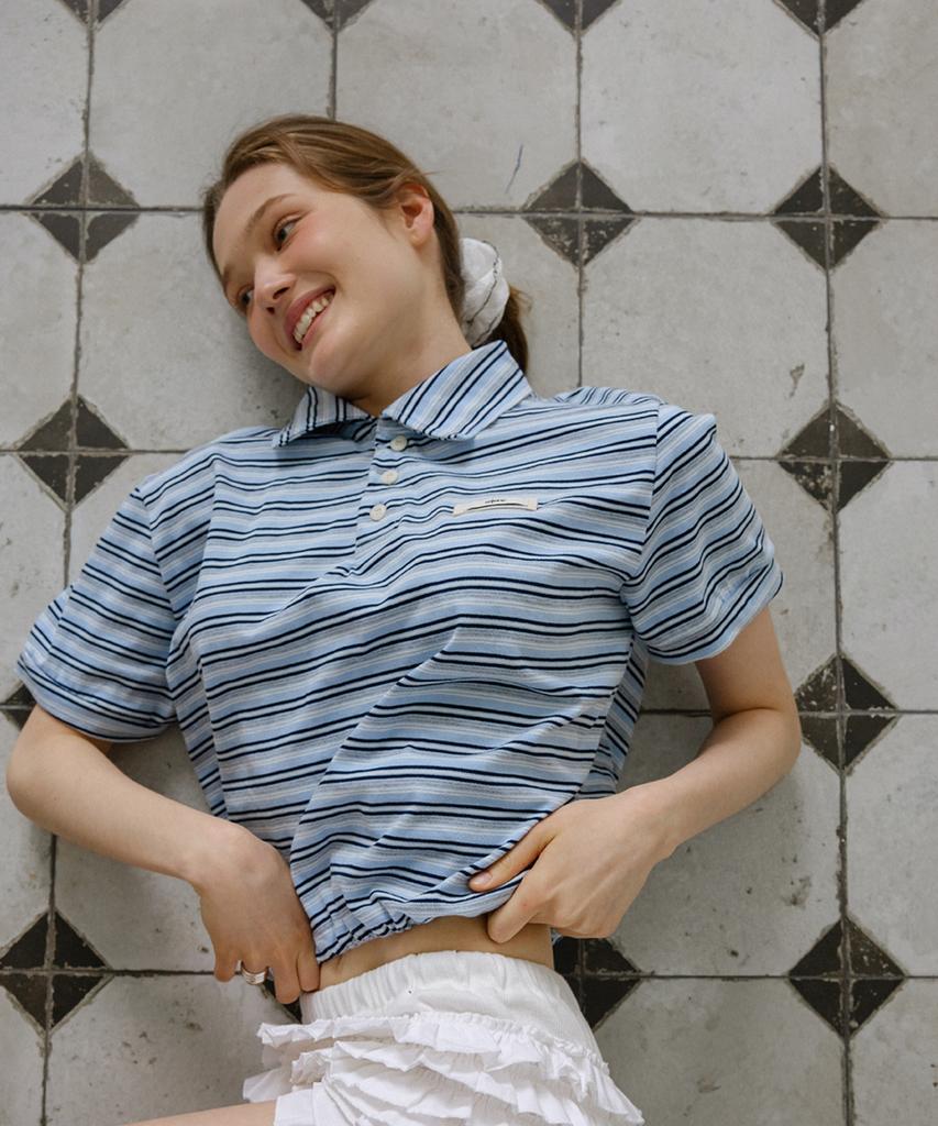 Leteoli Stripe String Collar Half T-Shirt_Blue