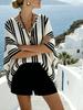 Women's Casual Holiday Striped Print V-Neck Low-Shoulder Short Sleeve Loose Top Striped Shirt