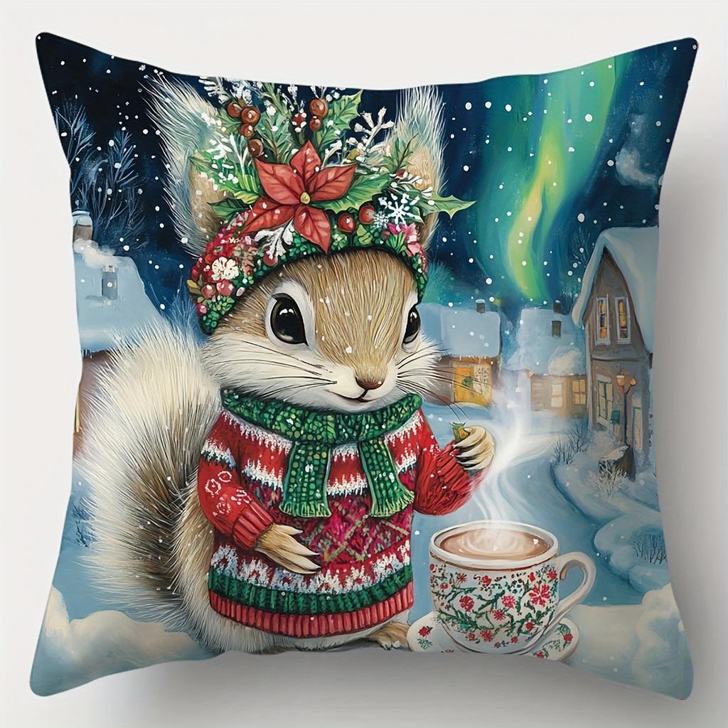 Home Decor Christmas Animals With Cup Of Coffee Pillow Covers Pattern Cushion Cover Suitable For Sofa Bedroom Car Pillow Cover
