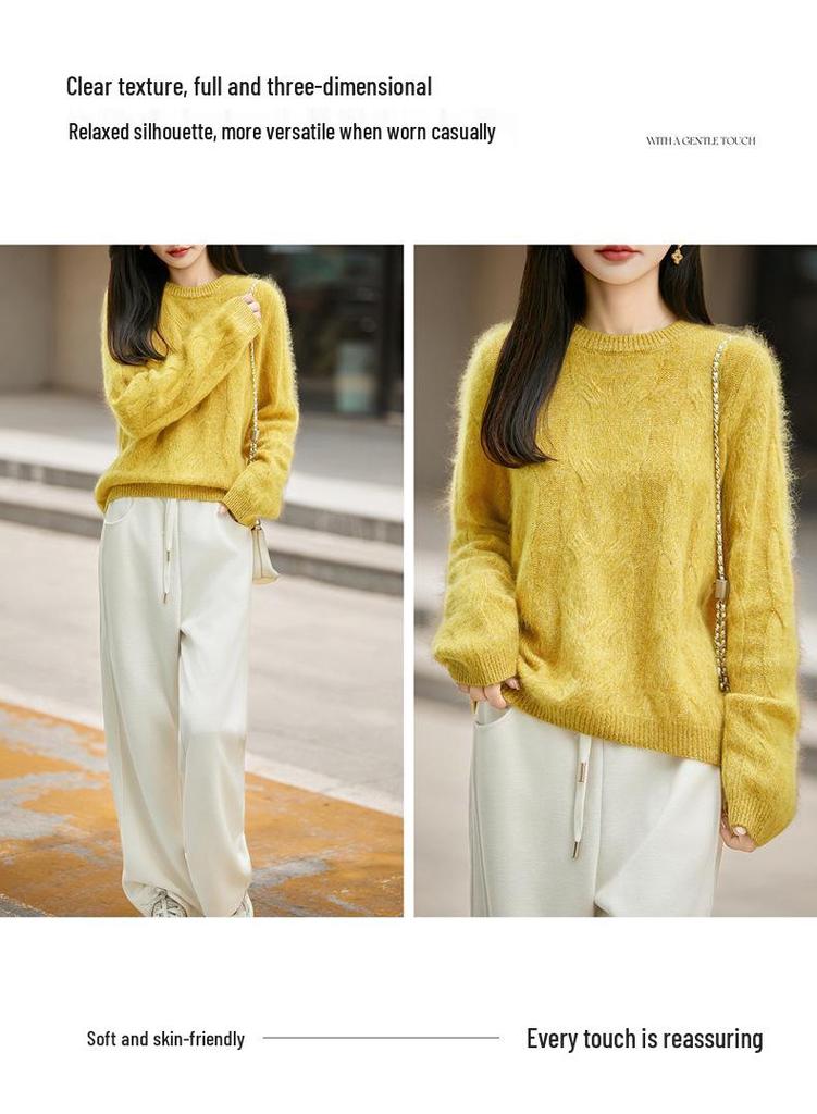 2026 Autumn/Winter Women's Marled Cashmere Wool Knit Sweater - Round Neck, Long Sleeve, Brushed Loose Fit