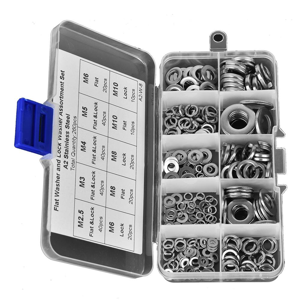 260PCS Stainless Steel Flat Washer Spring Washer Assortment Set M2.5 M3 M4 M5 M6 M8 M10
