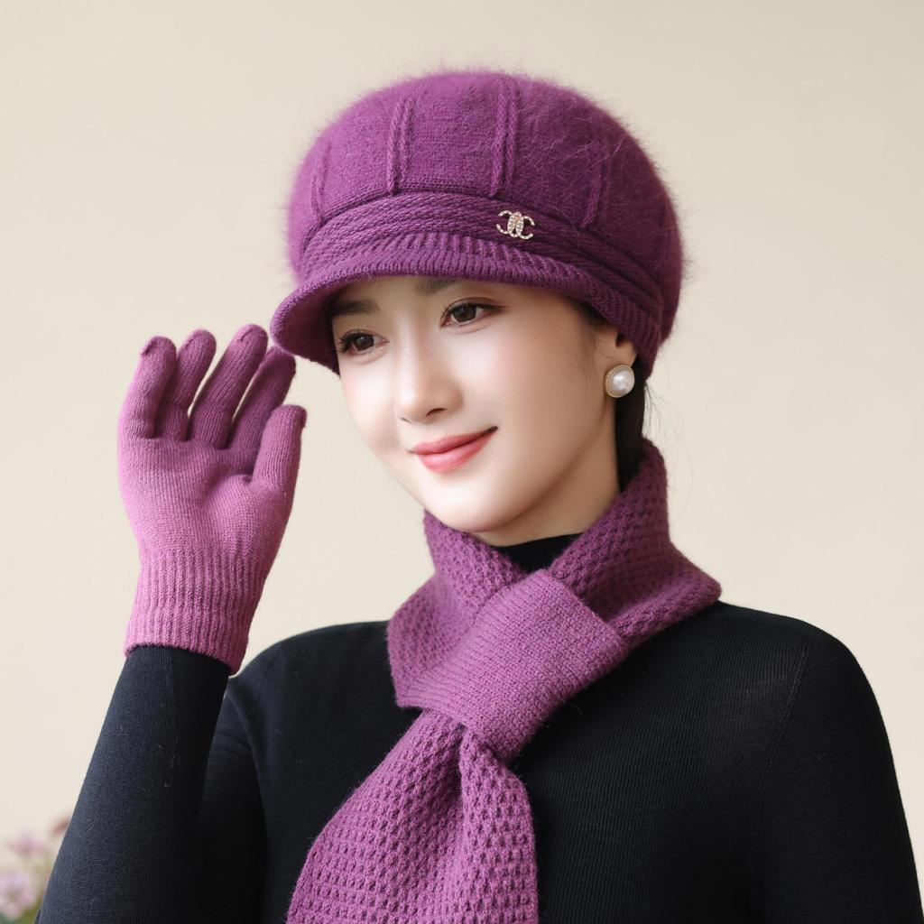 Knitted Woolen Hat New Rabbit Fur Hat for Women Mother  Middle Aged and Elderly Plus Velvet Warm Hat Grandma's Cold Proof Scarf