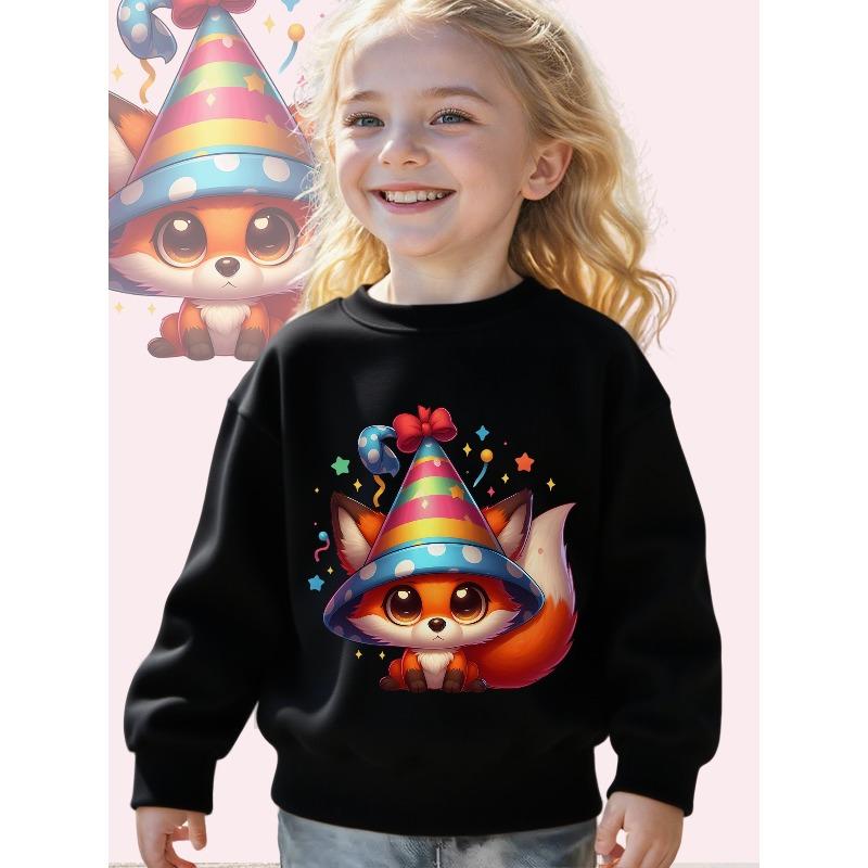 Kids Crewneck Sweatshirt, Festive Party Fox Graphic Print, Soft Casual Long Sleeve Pullover
