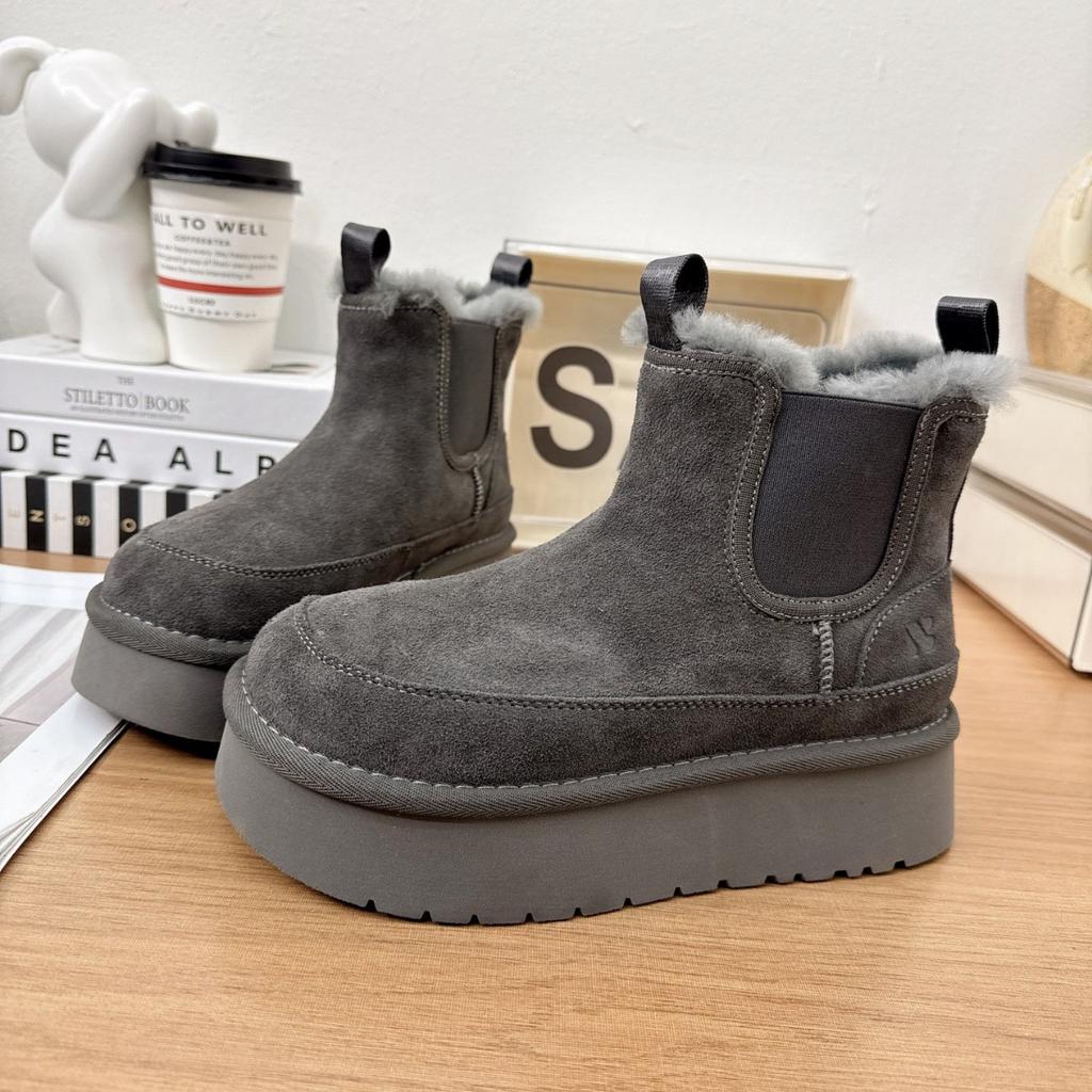 Frosted Leather Big Head Snow Boots Women's Winter Velvet Warm Thick-soled Short Chelsea Boots Fluffy Cotton Boots