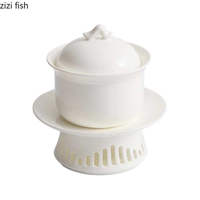 Pure White Ceramic Bowl with Heating Stove Set Creative Dessert Bowl Soup Bowl Steamed Egg Bowls Restaurant Molecular Tableware