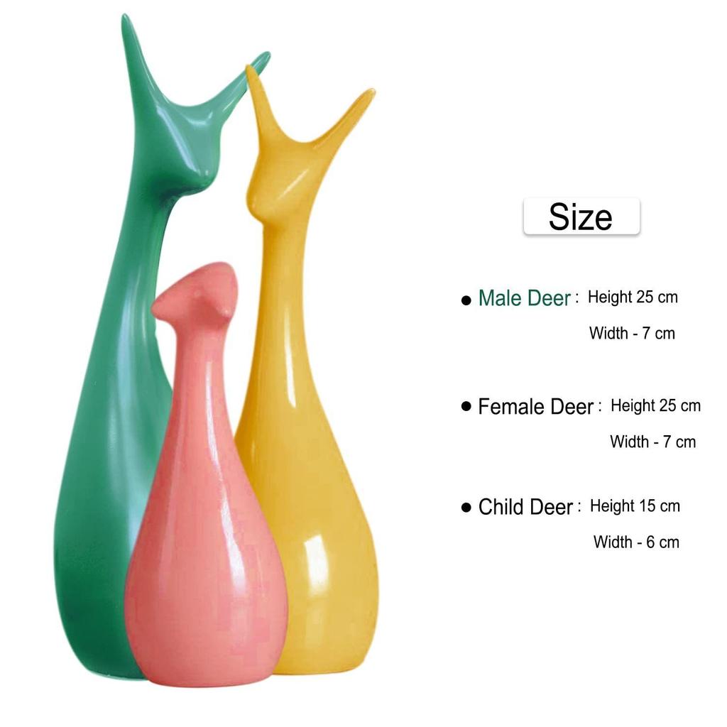 Home Décor Lucky Deer Family Set | Piano Finish Ceramic Figures - (Set of 3 Yellow, Pink, LightGreen)