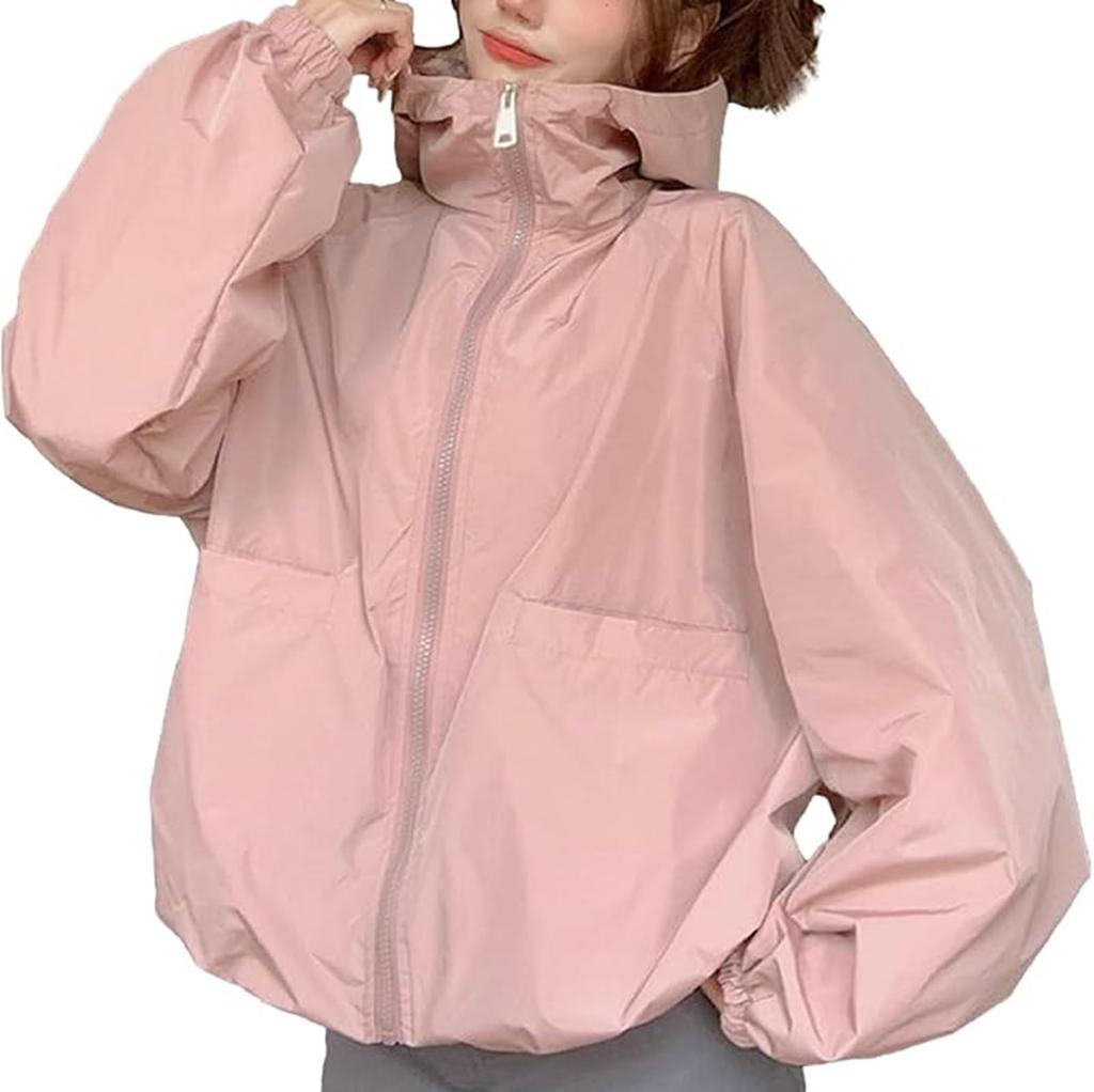 Andrei Hooded Nylon Windbreaker with UV Lightweight Outerwear Women's Zip-Up Protection, (Pink, XL)