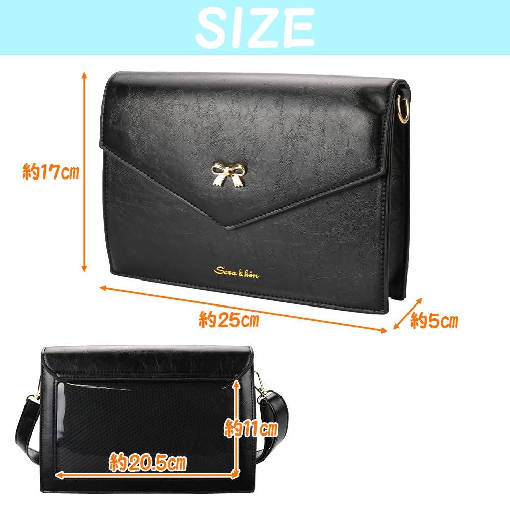 Oshikatsu Shoulder Bag with Clear Window, Decorations, Button Badges, and Bromide (Black)