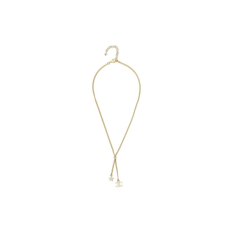 Chanel Double C Star Double C Rhinestone Necklace Women's Gold