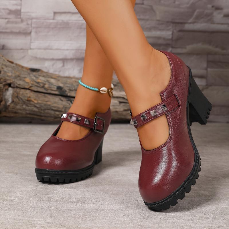 Fashion Temperament High-heeled Single Shoes Autumn New Round Toe Shallow Rivet One-line with Platform Non-slip Block Heel Shoes
