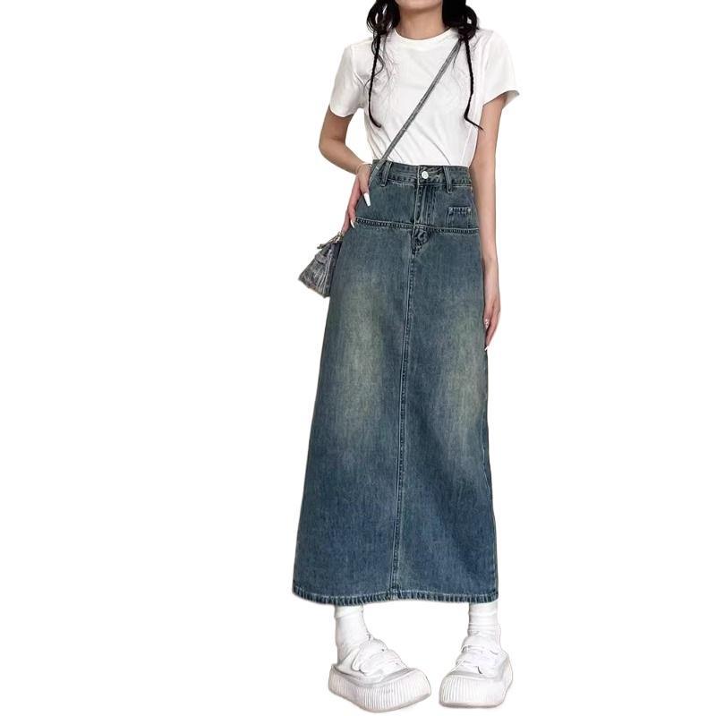 High Waist Retro Denim Skirt for Plus Size Women - Slimming A-line, Mid-Length for Spring & Autumn.