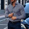 Men Lapel Long Sleeve Shirt Classic Black White Vertical Stripe Slim Fit Button Down Top for Business Daily Casual Wear