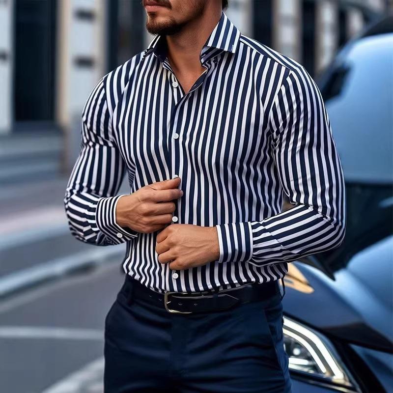 Men Lapel Long Sleeve Shirt Classic Black White Vertical Stripe Slim Fit Button Down Top for Business Daily Casual Wear