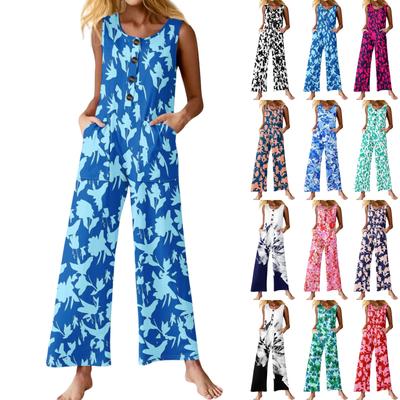 Women's Fashion Casual Button Sleeveless Jumpsuit Floral Flower Print Cotton Pocket Jumpsuit